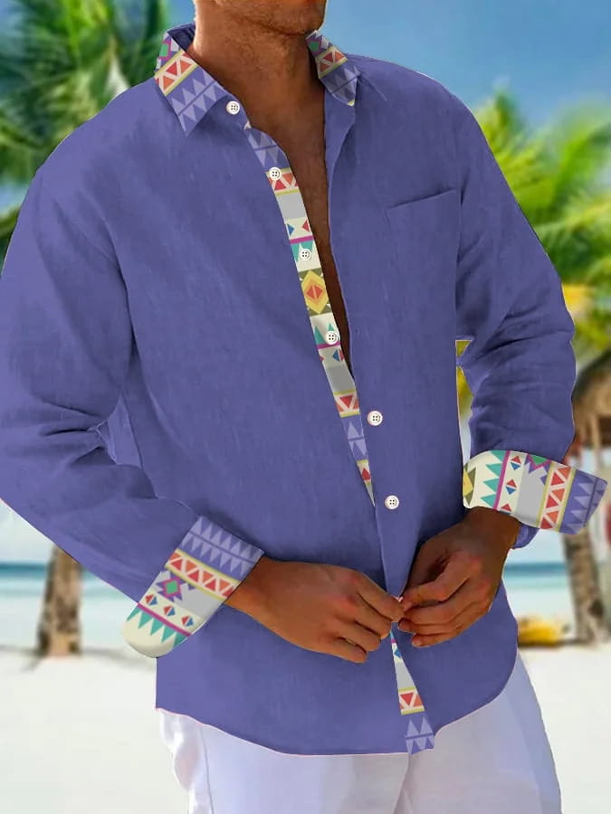A men beige linen long-sleeved button-up shirt featuring colorful geometric trim along the collar, cuffs, and placket.