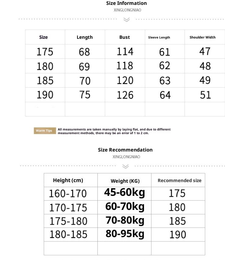 The image displays the xinglongniao size chart for a hooded quilted winter jacket with plush fleece lining showing measurements and recommended sizes based on height and weight.