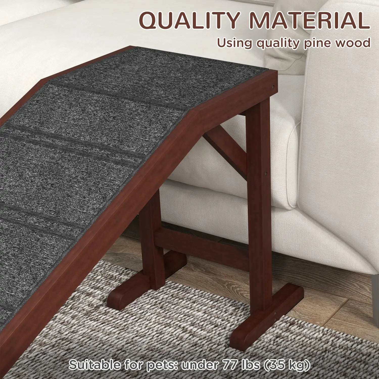 A dark brown wooden dog ramp with a textured gray carpeted non slip surface designed as pet stairs with platform.