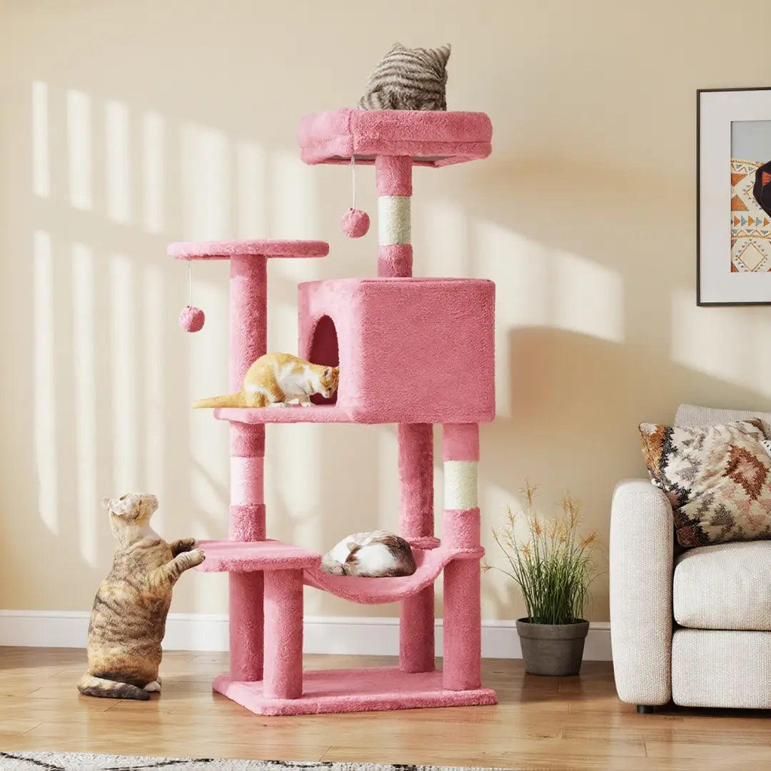 44 inch multi-level pink cat tree tower with soft carpeted surfaces sisal posts and dangling pink balls for feline entertainment and climbing