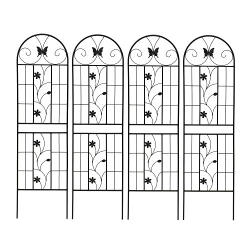 Black wrought iron garden trellis with arched top and rustproof butterfly and flower designs in a 71 inch metal garden trellis 2 pack.
