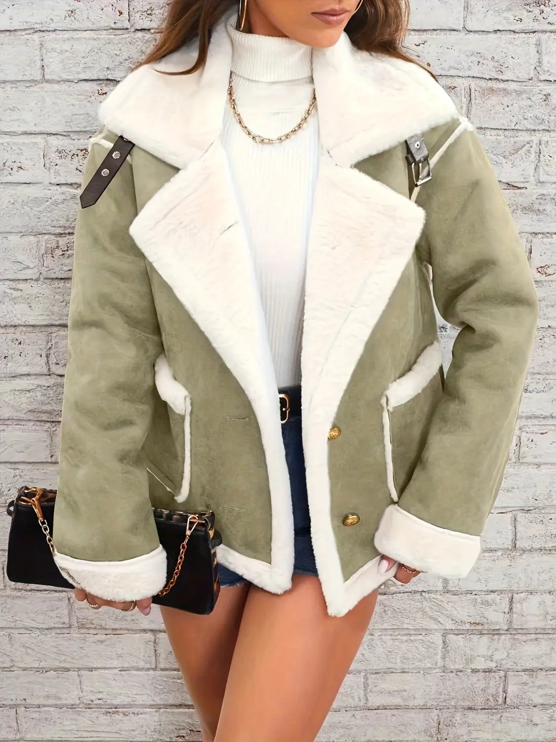 Veste bombardier en peau lainée moelleuse vert olive, avec col, poignets et poches bordés de fourrure blanche, conçue pour un vêtement d'hiver décontracté et chaud.