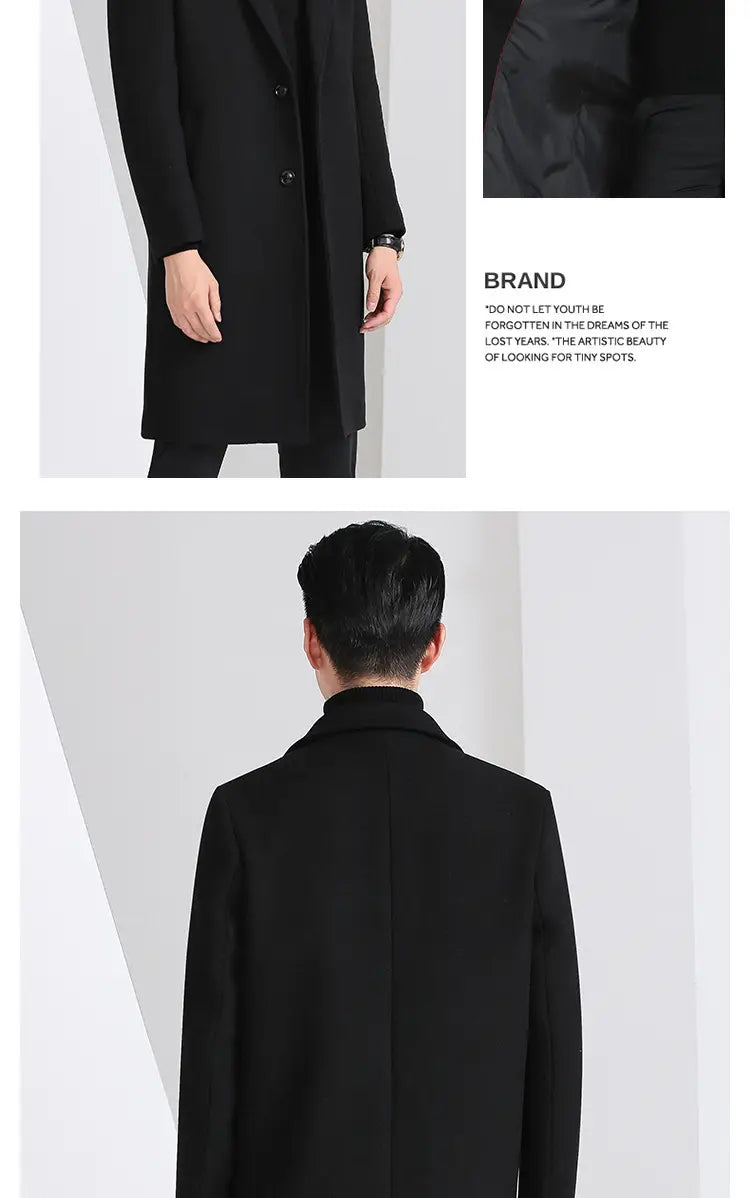 Manteau long coréen en laine noire à coupe ajustée, avec un design classique à double boutonnage et des revers à encoche.