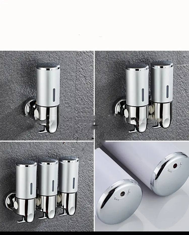 Wall mounted soap dispenser chrome abs pump with a sleek cylindrical body and available in dual or triple unit configurations for convenient bathroom or kitchen use.