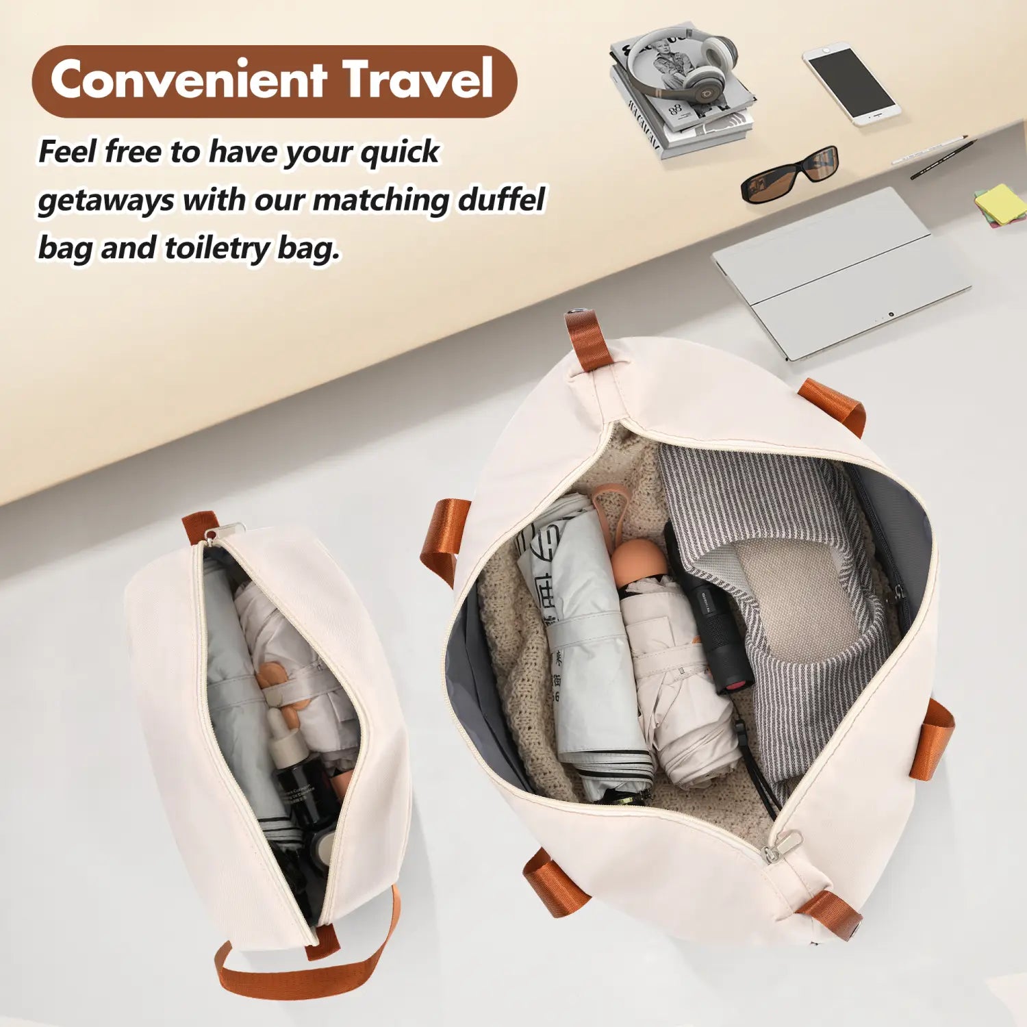 Cream-colored duffel bag with brown leather handles and zipper pulls designed for convenient travel in the vintage 24 inch hardshell luggage set with TSA lock in white.