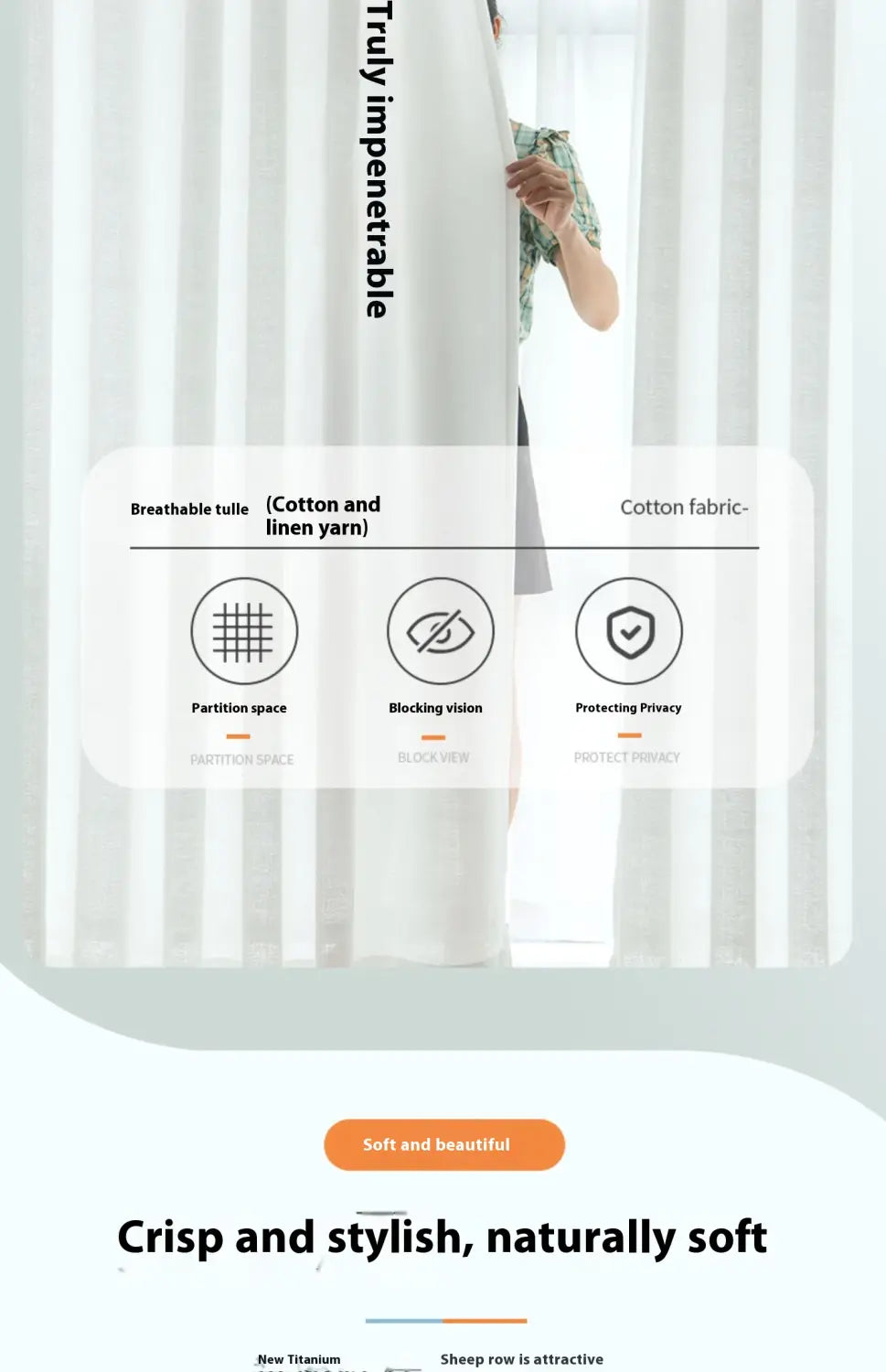 White breathable tulle curtain made from cotton and linen yarn featuring a sheer yet sturdy design with partition space for privacy in textured sunscreen linen curtains for home.
