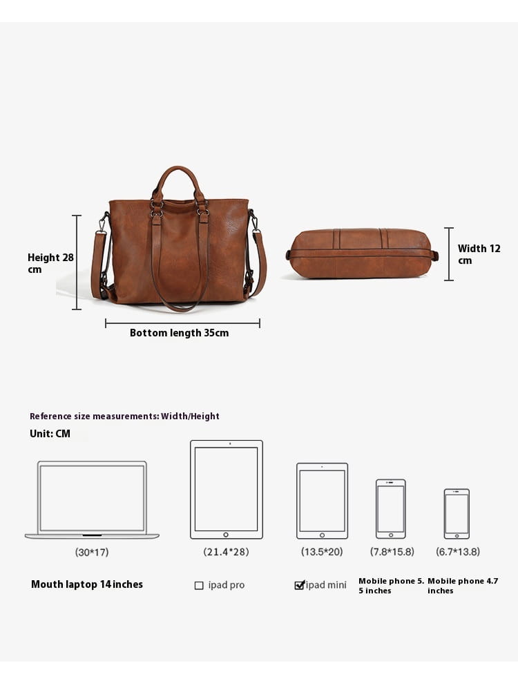 Brown leather tote bag with large capacity featuring dual top handles and a detachable shoulder strap.