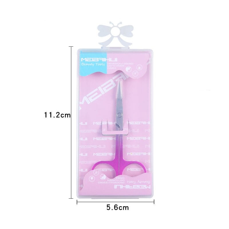 Ciseaux irisés pour taille-brow sourcils en forme de papillon en acier inoxydable rose et argent, en plastique transparent, avec le nom de marque meibahi.
