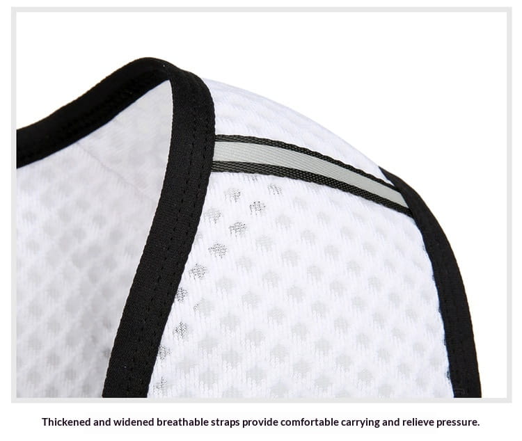 White mesh athletic top with black reinforced straps and a reflective gray stripe designed as part of a hydration backpack lightweight running vest 20l.