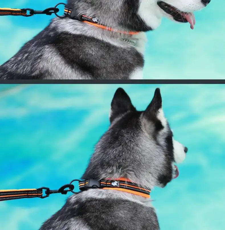 collar para perro de malla acolchada reflectante talla mediana naranja y negro, con un pequeño logotipo blanco en el lateral.