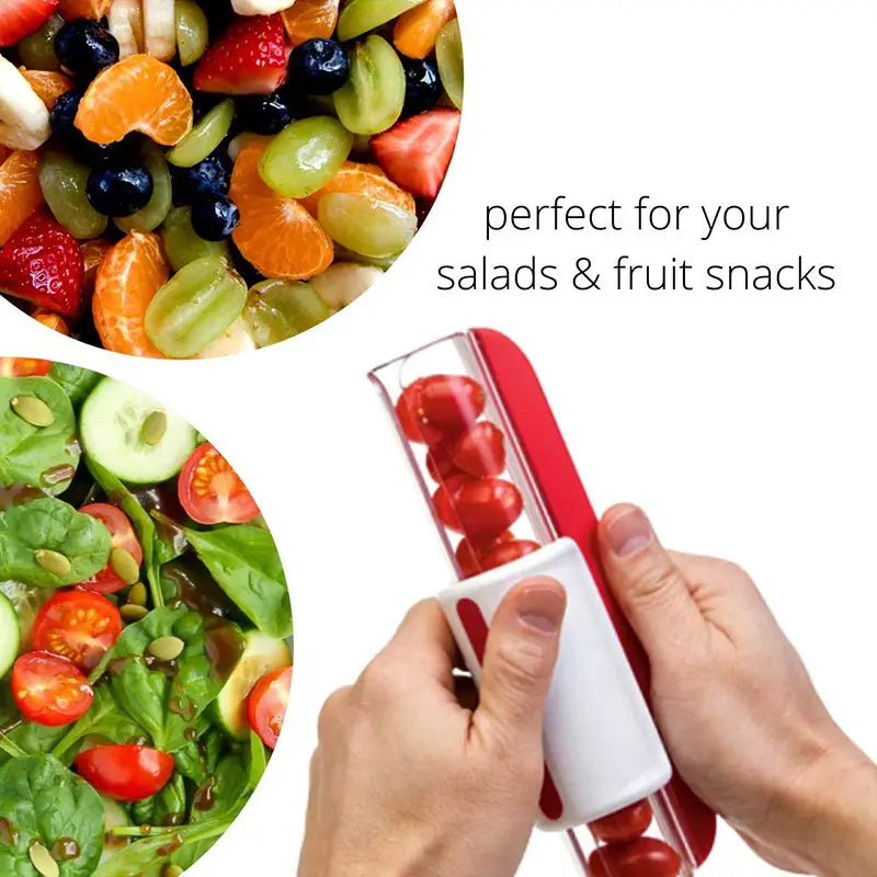 Trancheuse à fruits pour raisin et tomate, en rouge et blanc, version portative, outil de cuisine, dotée d’un tube en plastique transparent pour une découpe aisée.