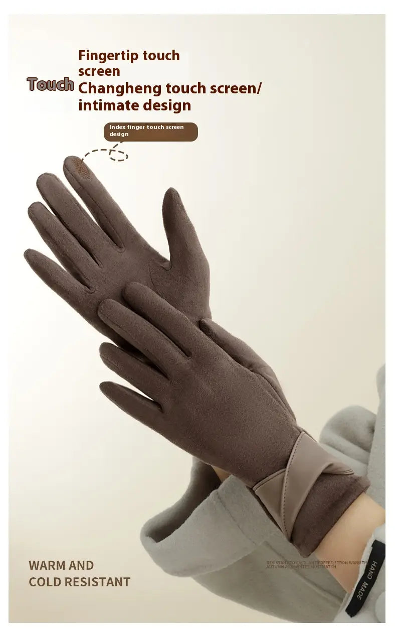 brown touchscreen fleece lined bow gloves made of sleek soft material featuring an index finger touchscreen design for intimate interaction shown from the back side
