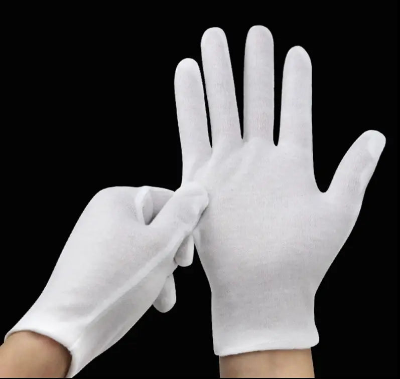 men’s white cotton work gloves with a snug fit and reinforced fingertips shown from the back side.