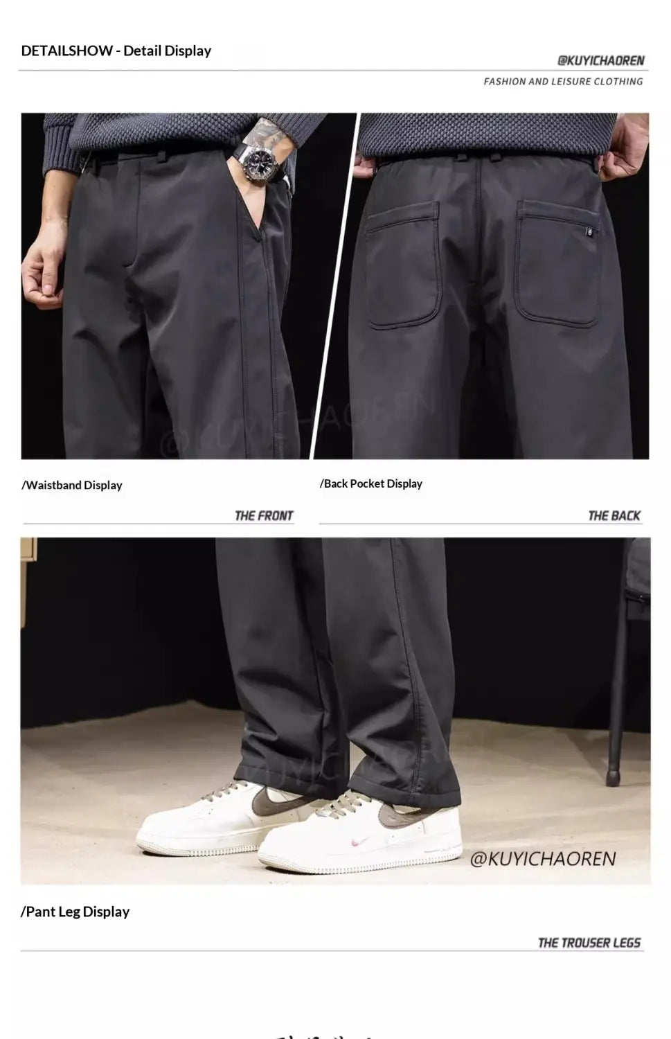 Herren-Cargohose im japanischen Retro-Stil mit weitem Bein in Dunkelgrauem, eleganterem Stoff mit modernem, maßgeschneidertem Schnitt und dezenten Nahtdetails.