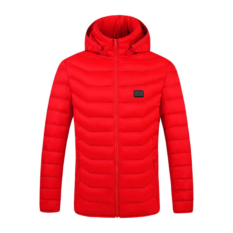 Bright red multi zone quilted electric heated jacket with detachable hood and black rectangular logo patch on the left chest.