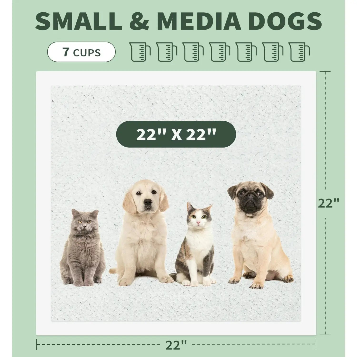 A 22-inch by 22-inch light gray textured dog pee pad liner with printed images of four pets designed for odor control and leak proof protection.