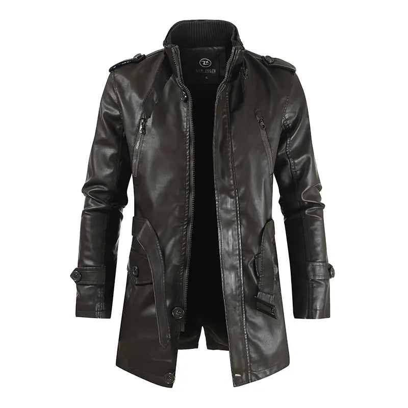Men’s mid-length fleece lined black faux leather trench coat featuring shoulder epaulets and front zipper closure.