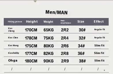 The image shows a men’s clothing size chart with height, weight, and corresponding sizes for regular and slim fit options for men’s waterproof tactical hiking pants.