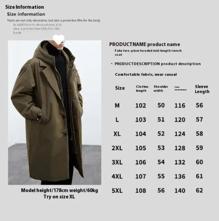 olive green faux two-piece hooded mid-length trench coat designed for men suitable for winter wear