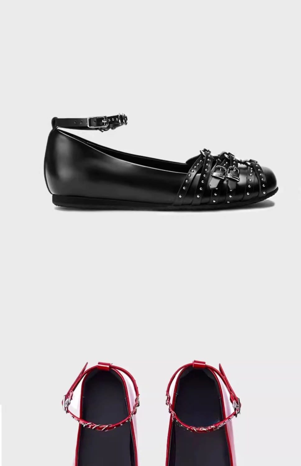 zapatos tipo salón retro de charol negro con correas de tobillo con tachuelas y hebillas metálicas decorativas en la zona del empeine.