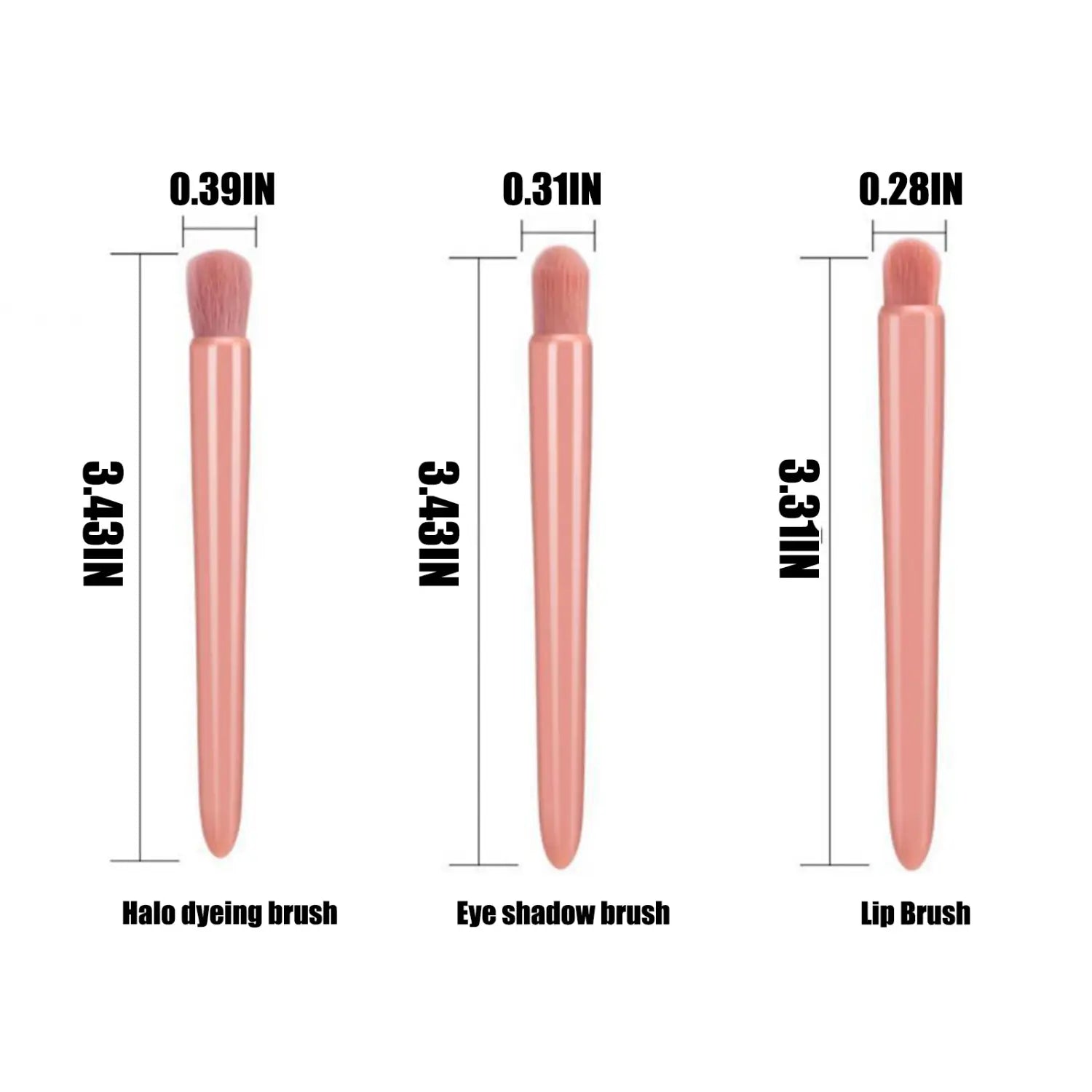 Set of three blush eye shadow and lip brushes with rose gold handles included in a portable pink five piece makeup brush set with mirror.
