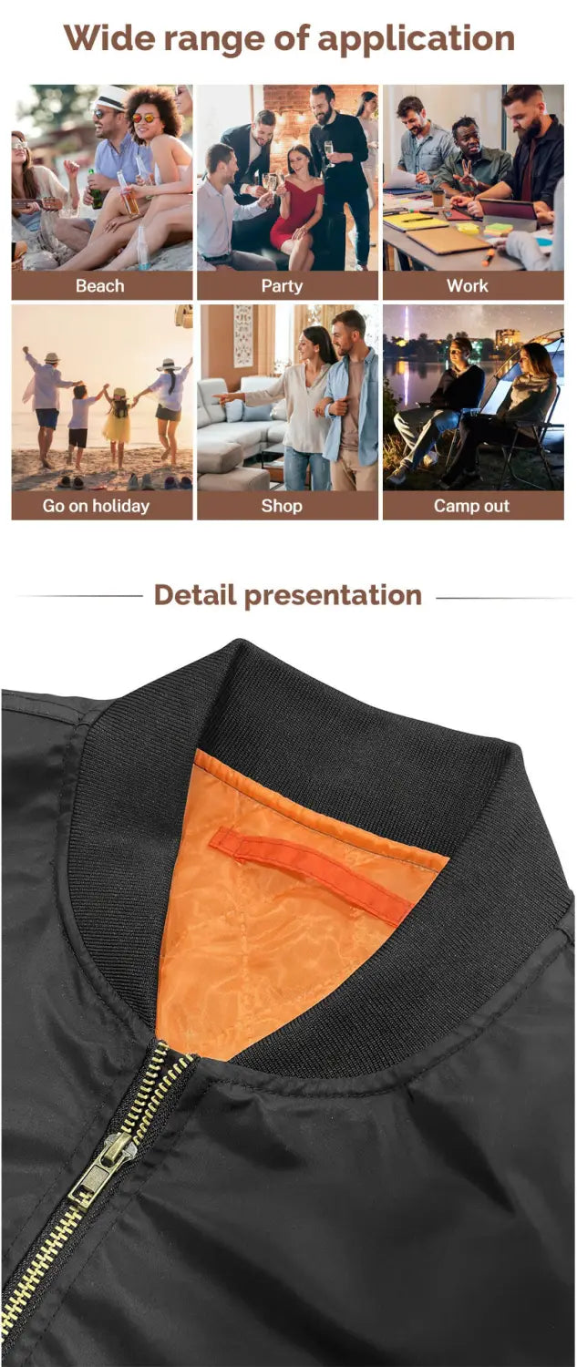Herren-Satin-Bomberjacke in Schwarz mit leuchtend orangefarbenem innerem Innenfutter und goldfarbenen Reißverschluss-Verzierungen.