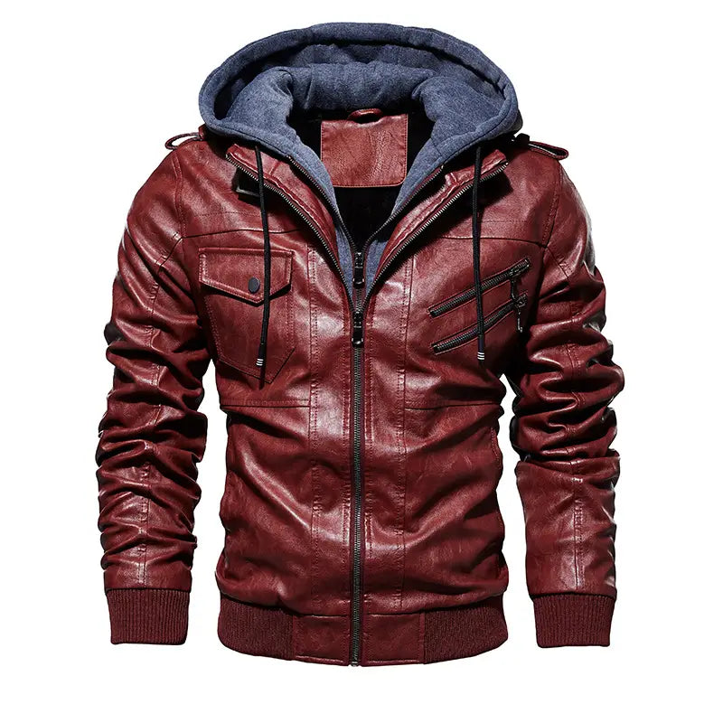 Men’s pu leather hooded jacket in rich burgundy with contrasting navy blue fleece-lined interior and ribbed cuffs.