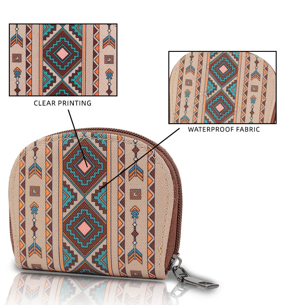Beige waterproof fabric woven geometric card wallet and portable coin purse featuring a tribal pattern in teal brown and peach tones.