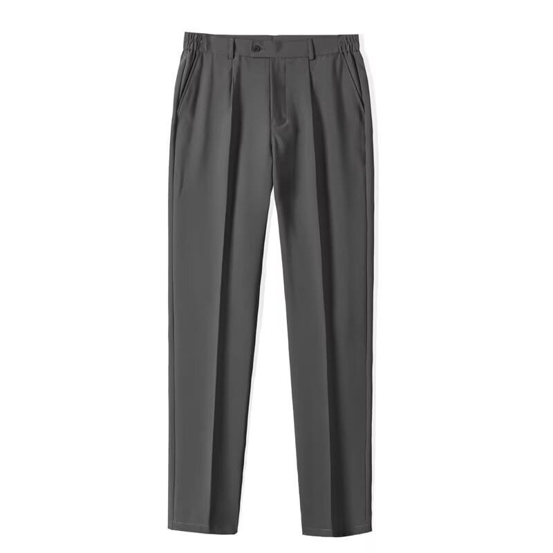 Pantalon de ville casual plissé pour hommes en gris foncé, avec taille élastique et coupe moderne épurée.