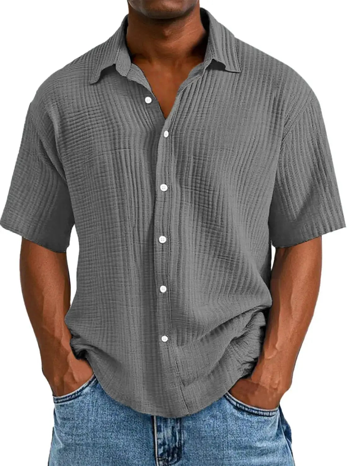 gray men’s textured short sleeve button up shirt made of ribbed fabric with white buttons