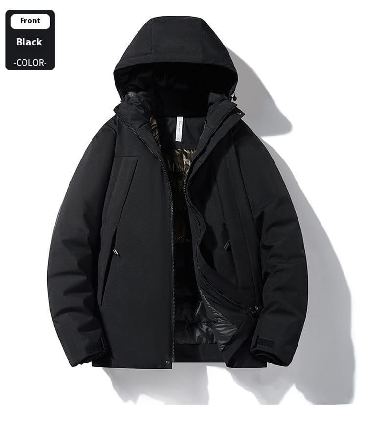 Black hooded winter puffer jacket with quilted design and water-resistant outer shell for windproof and waterproof protection.