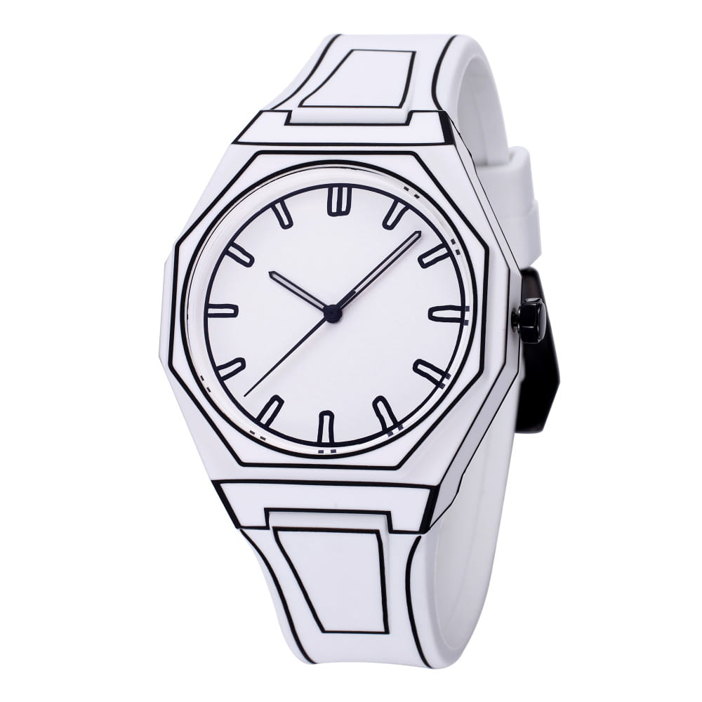 White modern octagonal minimalist waterproof silicone watch with black outlined geometric design and a minimalist face.