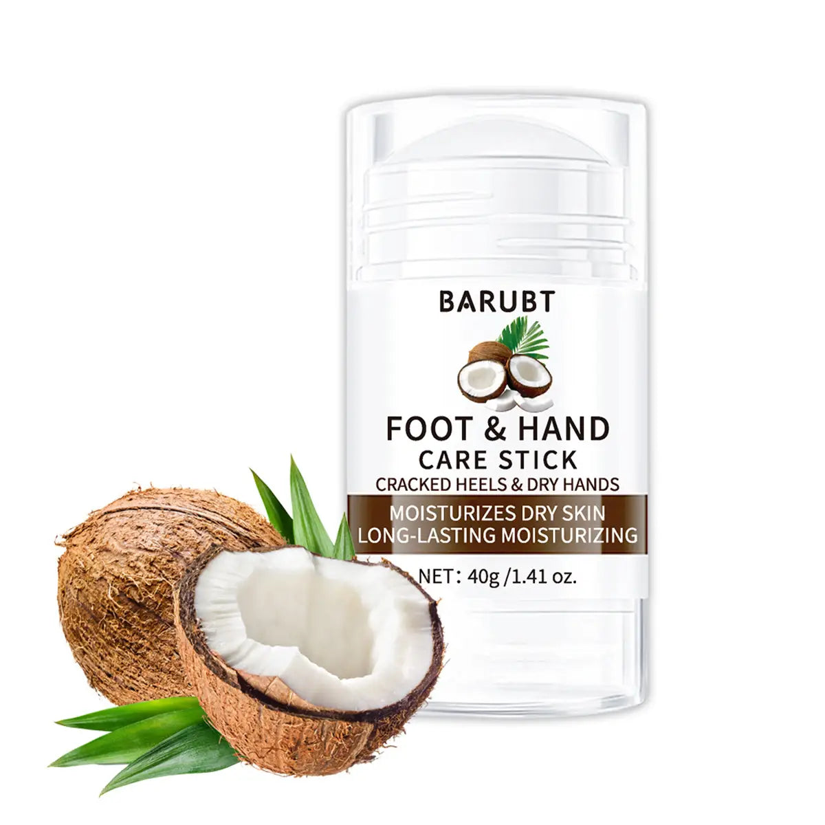 Crème bâton pour le soin hydratant des mains et des pieds Barubt, 72 g, dans un récipient cylindrique transparent à étiquette blanche, présentant des motifs de noix de coco et des bienfaits hydratants pour les talons crevassés et les mains sèches.