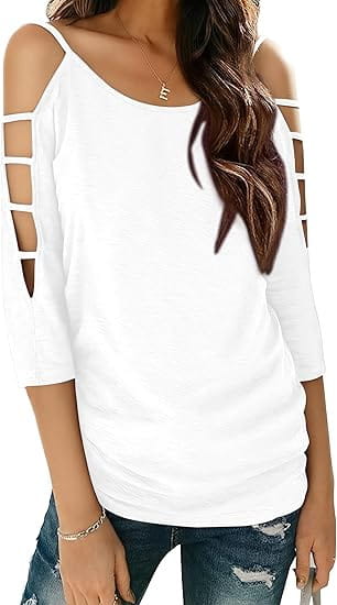 White off-shoulder top with three-quarter sleeves and arm cut-out details made from lightweight fabric for stylish casual wear.