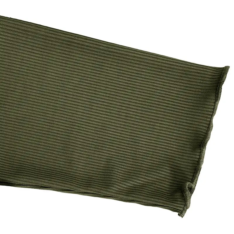 olive green ribbed knit fabric with soft stretchy texture and neatly finished edges for women’s ruffled ribbed knit slim fit mock neck top.