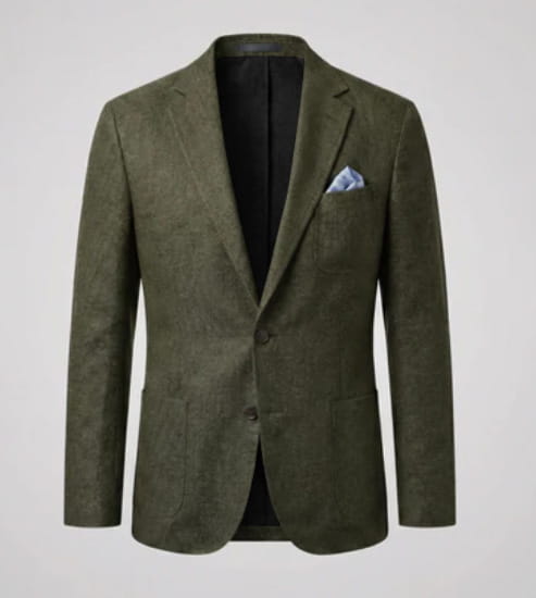 Herren-British-Style-Casual-Blazer-Anzug aus olivgrünem, strukturiertem Stoff mit dezentem Muster und schwarzem Innenfutter.
