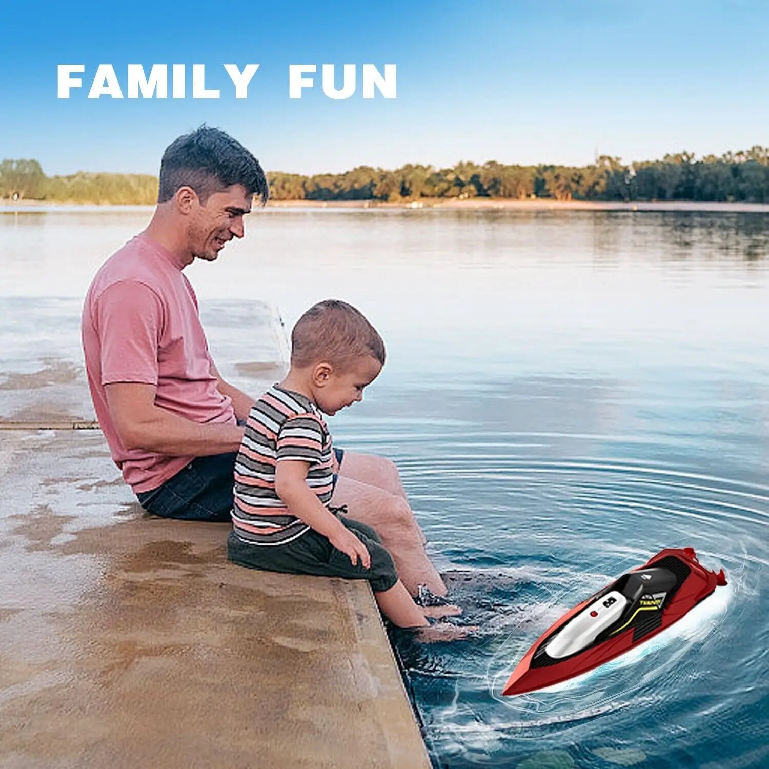 Bateau à moteur télécommandé rouge et noir 4drc s5, bateau de course rapide, avec des accents blancs, flottant sur l’eau, conçu pour les enfants.