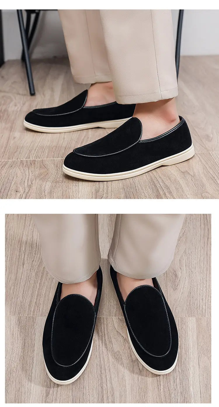 men’s black suede slip-on loafers with a white rubber sole and subtle stitching details