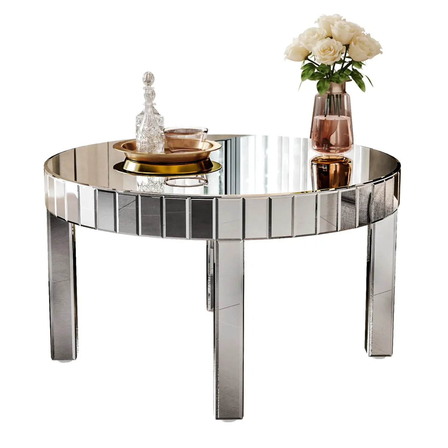Glänzender silberner, verspiegelter, runder Beistelltisch aus Spiegelglas mit 80 cm Durchmesser, mit gerippten Glasscheiben und einem eleganten, modernen ovalen Design