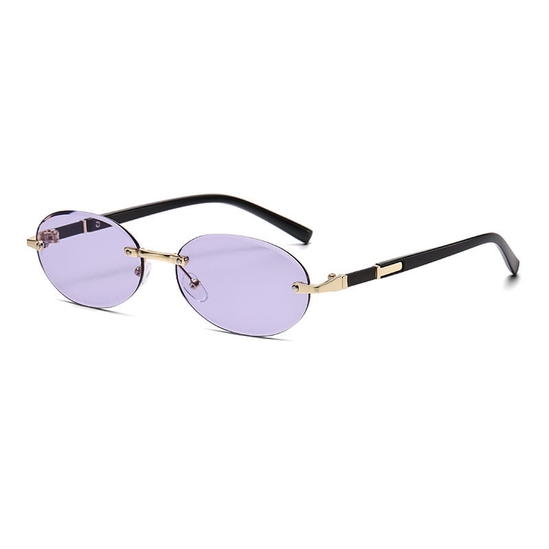 Frameless oval uv400 fashion sunglasses with black and gold metal accents and light purple tinted lenses.