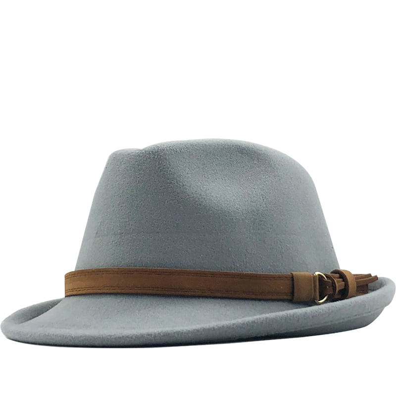 Wool fedora hat in light gray felt with a tan leather strap and buckle.
