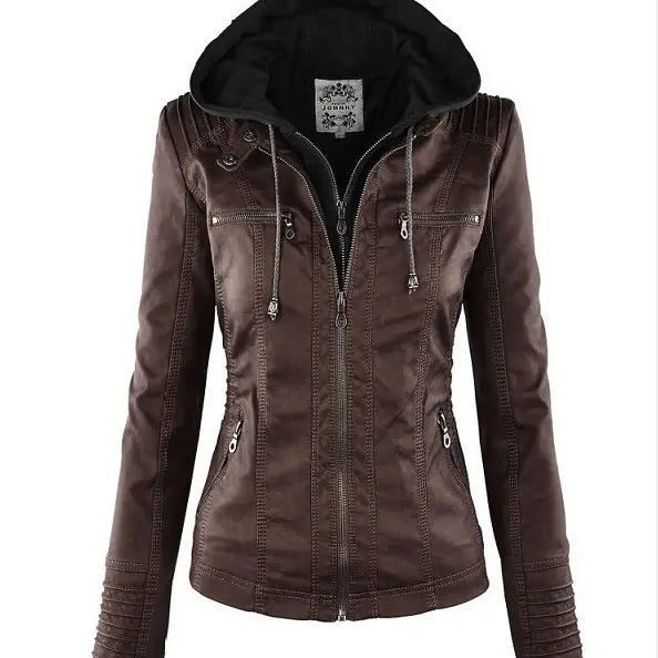 brown faux leather moto jacket with detachable hood featuring black interior lining and silver zippers