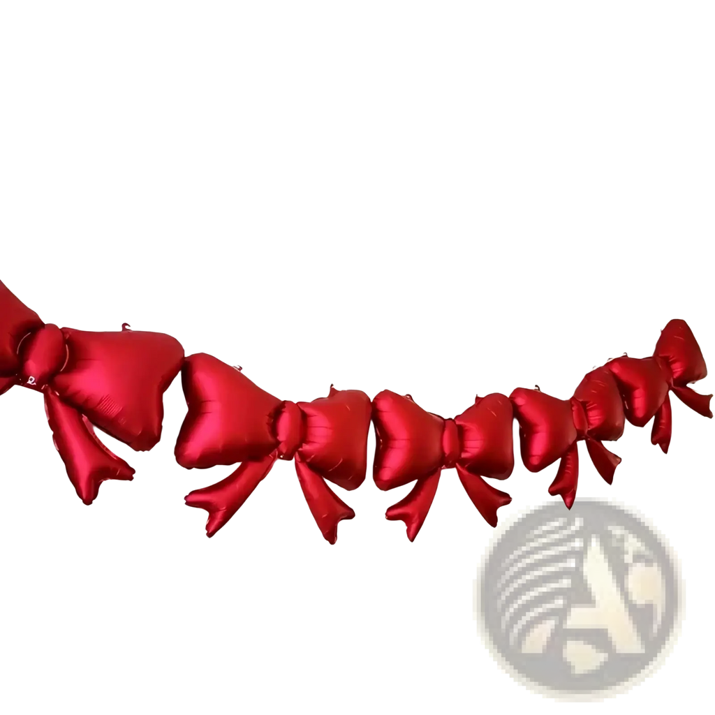 A string of 8 vibrant red glossy balloon bows arranged as a decorative garland for weddings and parties