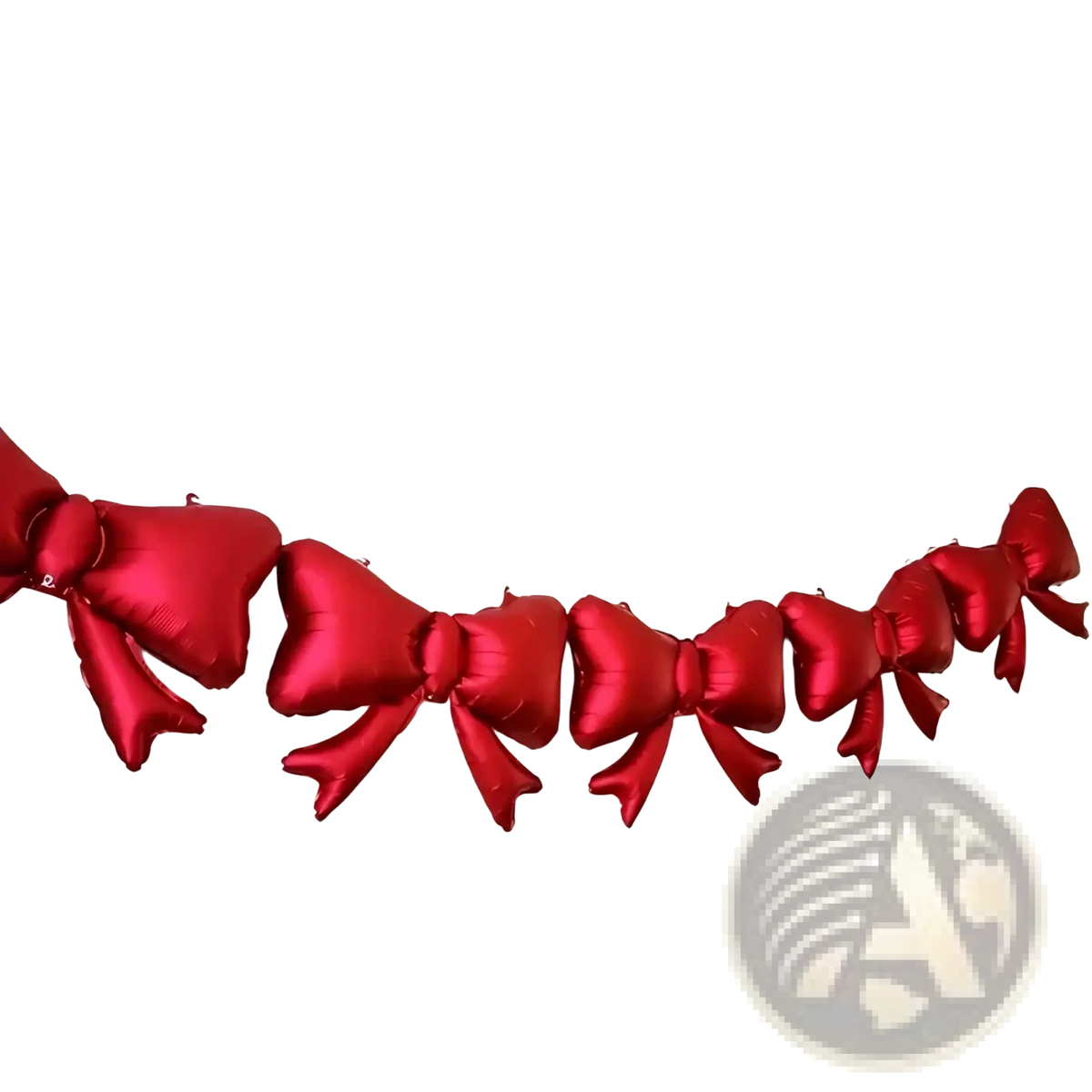 A string of 8 vibrant red glossy balloon bows arranged as a decorative garland for weddings and parties
