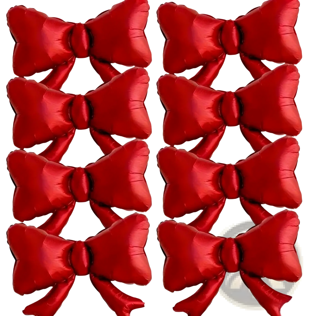 Eight red satin-finish bow-shaped foil balloons for wedding birthday bachelorette party and valentine supplies