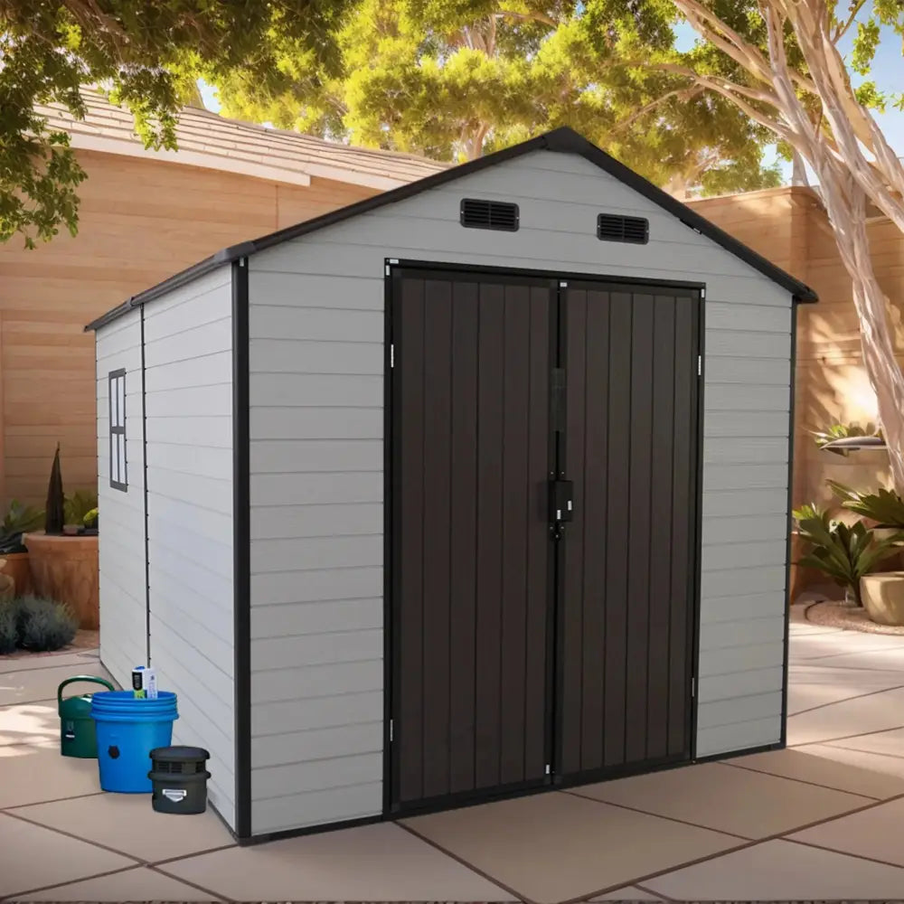 Gray and brown 8x8 ft weatherproof resin storage shed with aluminum frame double doors black trim and vents