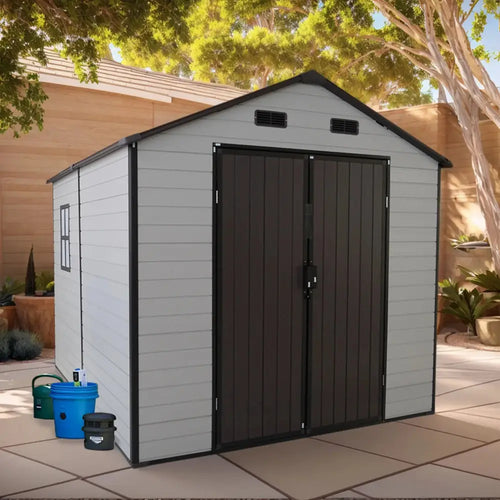 Gray and brown 8x8 ft weatherproof resin storage shed with aluminum frame double doors black trim and vents