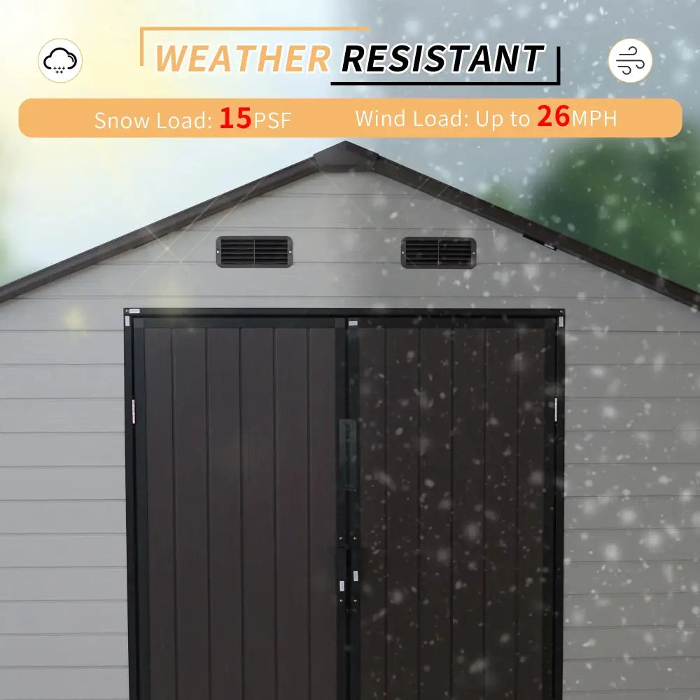 8x8 ft weatherproof resin storage shed with aluminum frame dark brown weather-resistant with gray roof and black trim