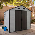Gray and brown weatherproof resin outdoor shed with aluminum frame double doors black trim and ventilation vents