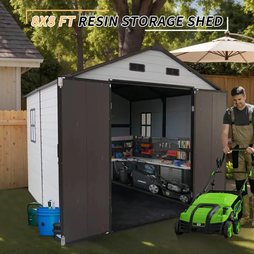 8x8 ft weatherproof resin storage shed with aluminum frame white and dark gray exterior gabled roof and side vents